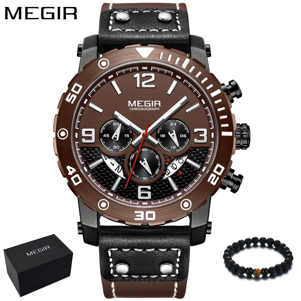 

Fashion Watch Men MEGIR Mens Watches Top Brand Luxury Chronograph Quartz Sport Watch Army Military Leather Wrist Watch Man 2018