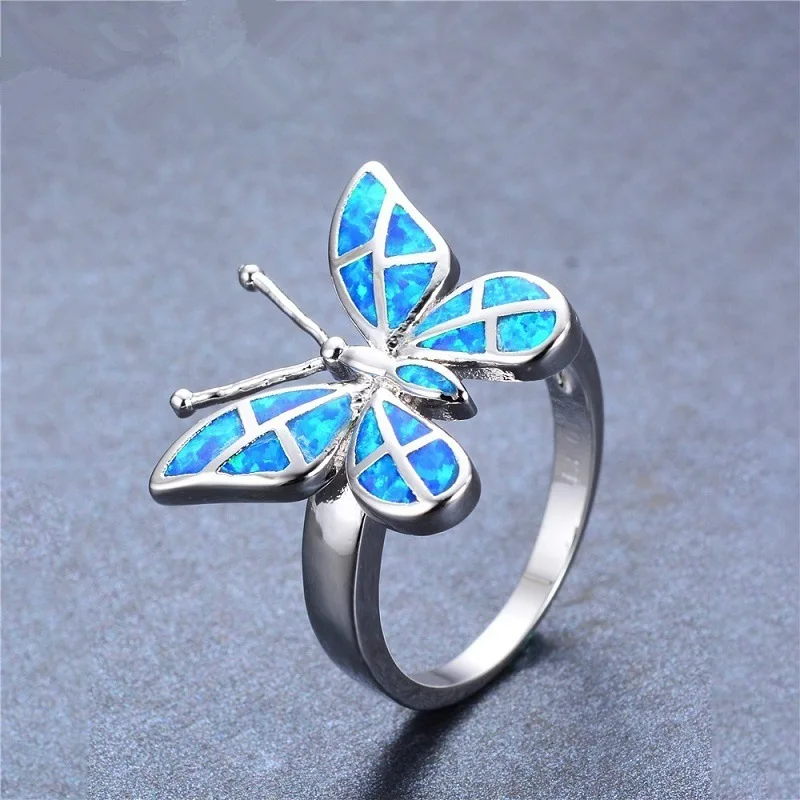 Vintage Rainbow White Blue Fire Opal Butterlfy Finger Ring Crystal Silver Filled For Women Female Unique Insect Jewelry Wholesal