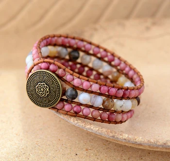 

Cuff Bracelet Unique Rhodonite Japser Leather Wrap Bracelets Wholesale Handmade Bohemian Woven Stone Bracelet Women Jewelry