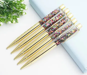 

5pcs/lot High-grade gold Creatively 1.0mm Ballpoint flow oil crystal Gold foil Metal Copper colorful powder quicksand pen