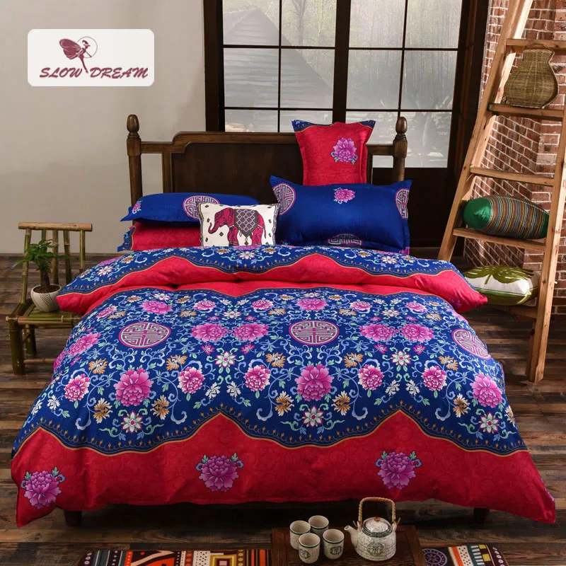 SlowDream Bohemian Blue Floral Bedding Set Polyester Bedclothes for Home Qualified Bed Sheet 4