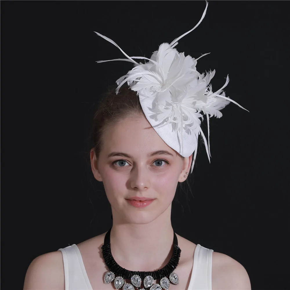 Элегантный белый millinery аксессуары для волос повязки на голову леди Имитация льняной чародей База перо цветок украшают шляпу перо страуса