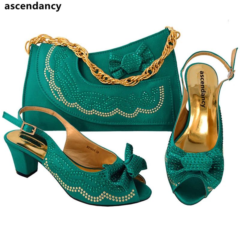 New Teal Italian Matching Shoe and Bag Set Decorated with Rhinestone ...