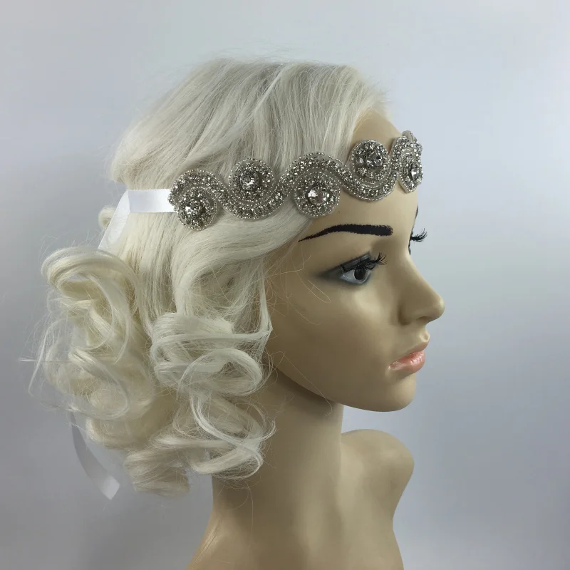 Очаровательная Серебряная повязка на голову с кристаллами 1920s Гэтсби, повязка на талию для свадебной вечеринки, выпускного бала, аксессуары для волос для аскота, гоночного костюма для косплея