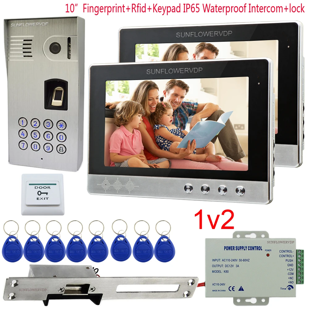 

IP65 Waterproof Video Intercom 2 Apartment Fingerprint Rfid Code Camera For Doorphone 10" Color Monitor + Electric Strike Lock