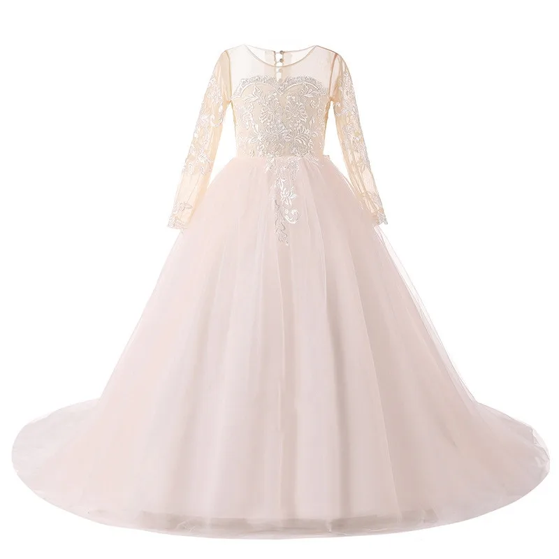 Коллекция 2019 года, розовое бальное платье с цветочным узором для девочек платья с длинными рукавами для свадебного торжества, дня рождения