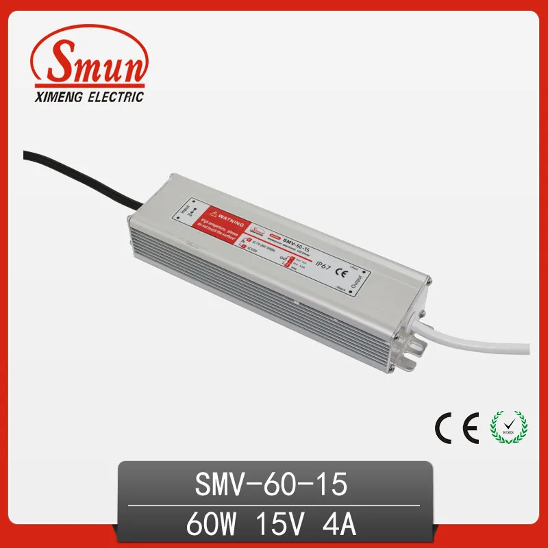 

60W 15V 4A Waterproof IP67 LED Driver Switching Power Supply for Led Strip Light with CE ROHS 1 Year Warranty SMV-60-15