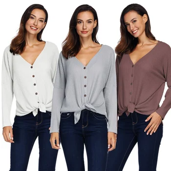 

Button Down Front Knot Long Sleeve Knit Sweaters Women Shirts Sexy V Neck Solid Womens Tops Female Clothes S-3XL