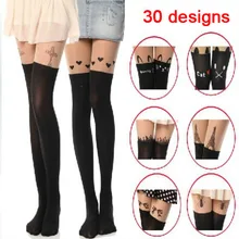 Смешанный стиль, женские бархатные чулки с плюшевой татуировкой, бедра, маленький дьявол, кошка, Череп, сердце, крест, жаккард, женские колготки, 10 пара/лот