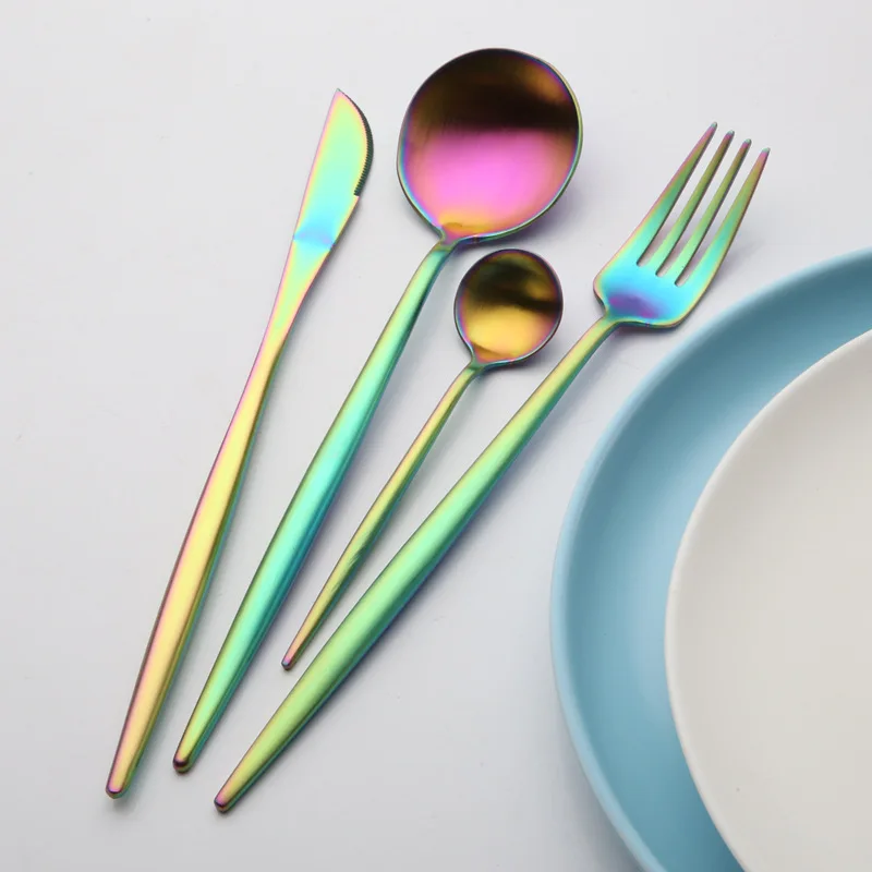 

18/10 Stainless Steel Dinnerware Set European Rainbow Luxury Matte Fork Knife Cutlery Set Dinner Silverware Tabelware