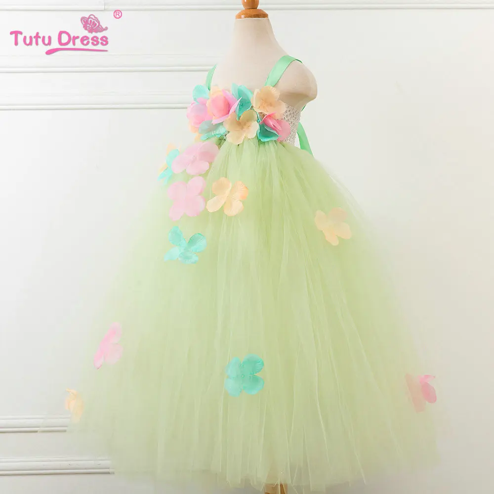 Зеленое платье-пачка с цветочным рисунком; летнее платье принцессы феи для маленьких девочек; бальное платье для девочек; костюм на Рождество и Хэллоуин; платье на день рождения для девочек