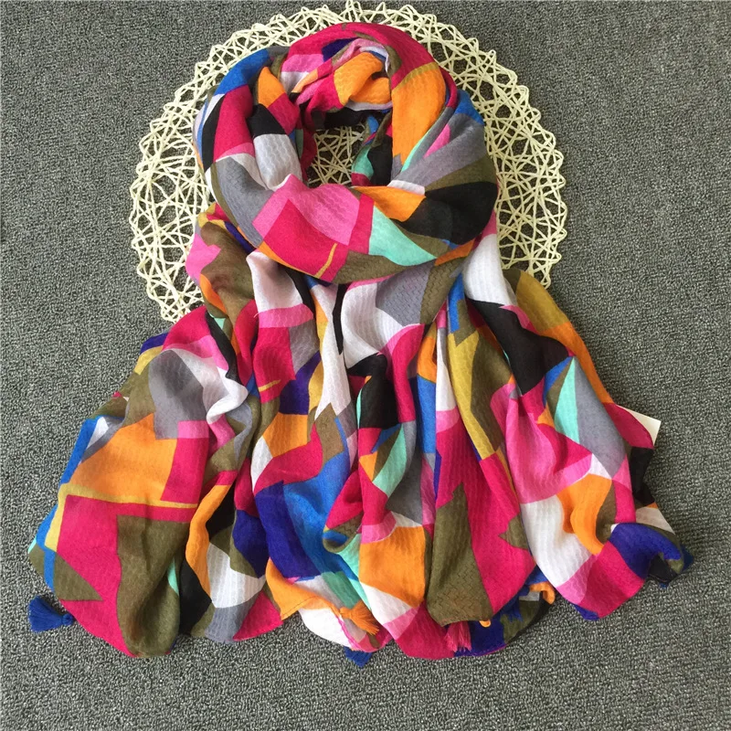 new-ladies-soft-cotton-material-colorful-geometric-pattern-tassel-scarf-shawl-10pcs-lot-free-shipping