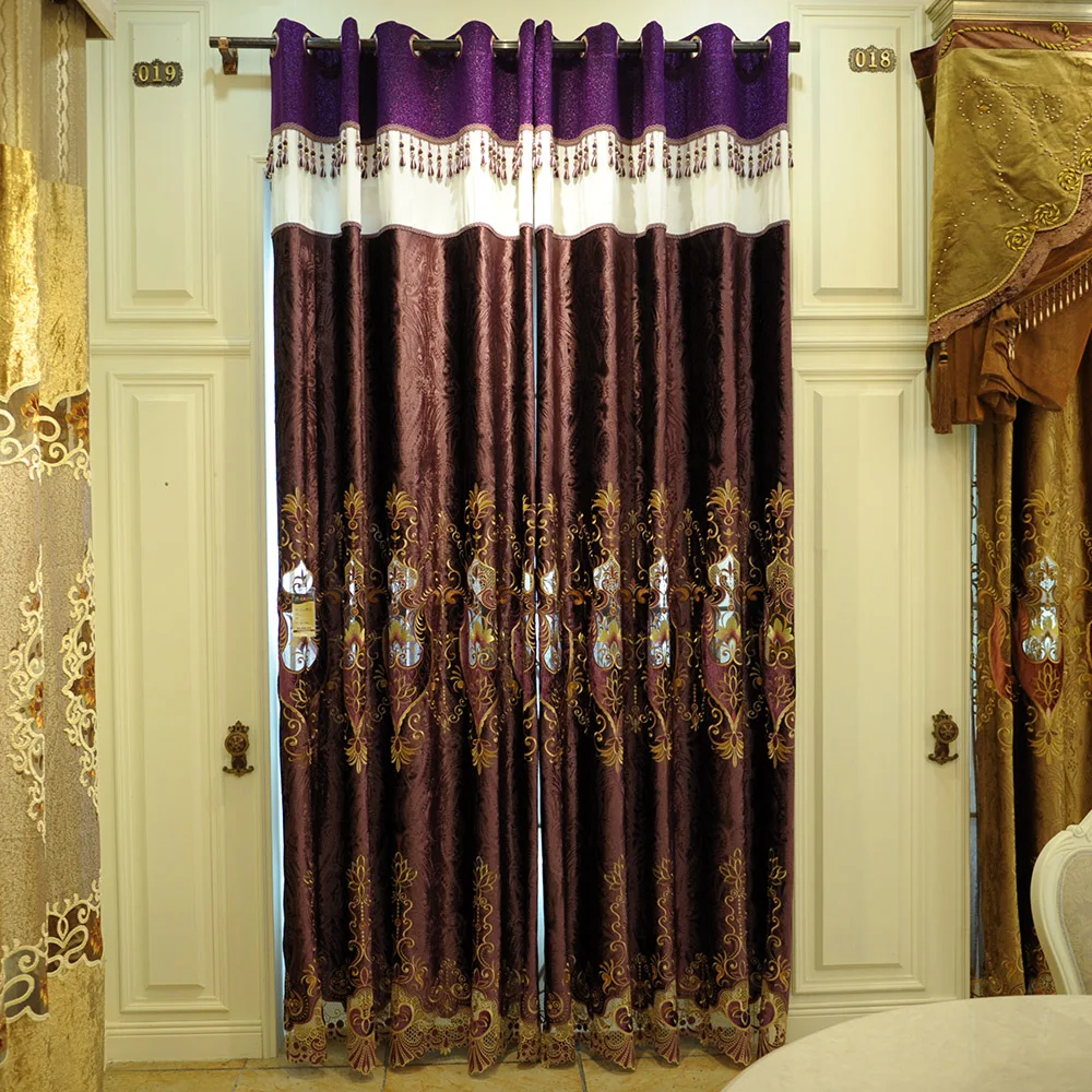 Customize embroidered parlour drapery curtain fabric,embossed chocolate