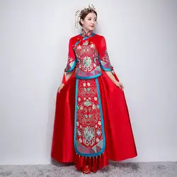 Красные Свадебные невесты китайский Стиль Cheongsam традиционные женские длинные Qipao Вышивка Для женщин вечернее платье одежда Размеры