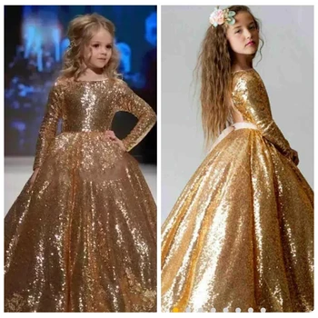 

2019 Gold Full Sequins Long Sleeves Flower Girls Dresses Formal Open Back Vestidos De Girls Pageant Party Gowns Custom For Kids