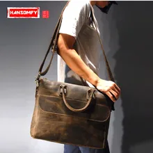 Первый слой из воловьей кожи crazy horse, Мужская Ретро кожаная сумка для ноутбука, натуральная кожа, мужская сумка через плечо