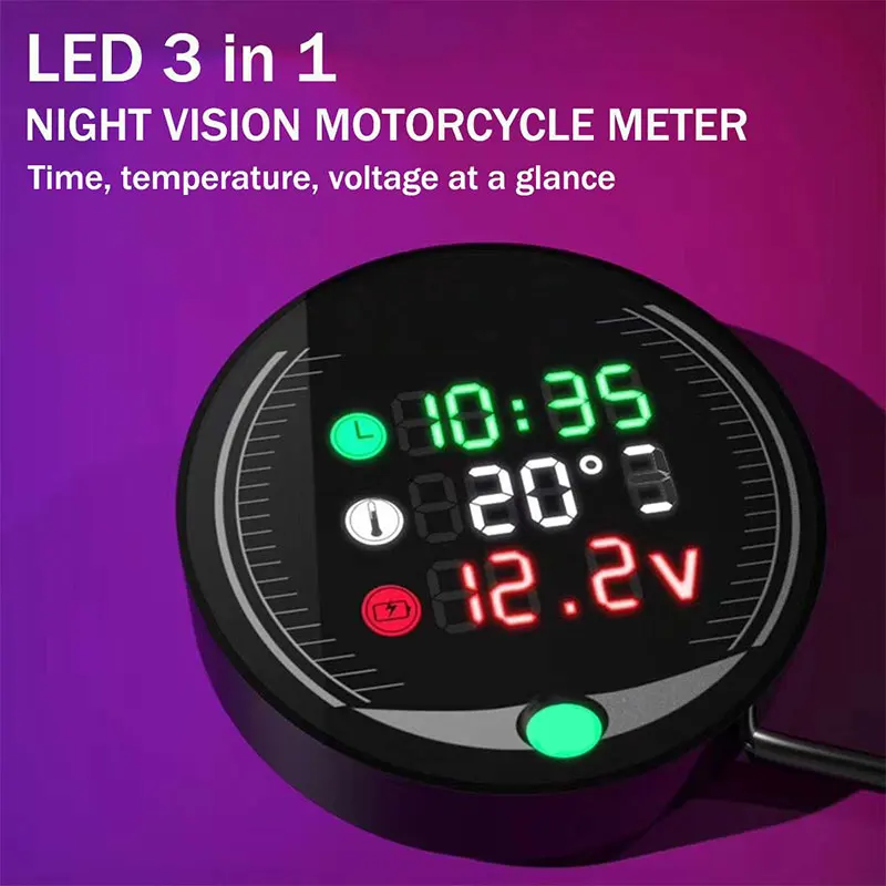 3in1 Black Voltage Meter Electronic Digital Thermometer Clock Time Waterproof ATV Motorcycle Universal Modified