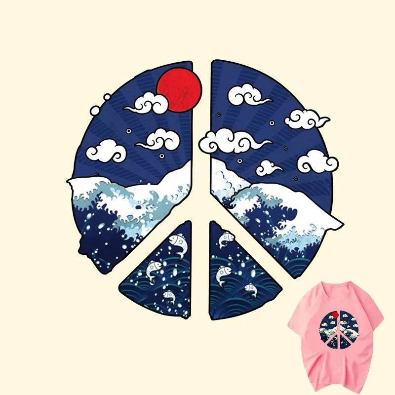 

21x20cm Japanese Cartoon Wave Iron On Stickers Washable Appliques A-level Patches Heat Transfer For DIY Accessory Clothing