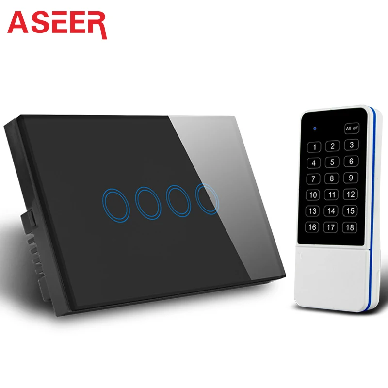 

ASEER 19 Button Remote Controller,US Standard 4Gang1way Wall Smart Light Touch Switch,Crystal Glass Panel Touch Control Switch