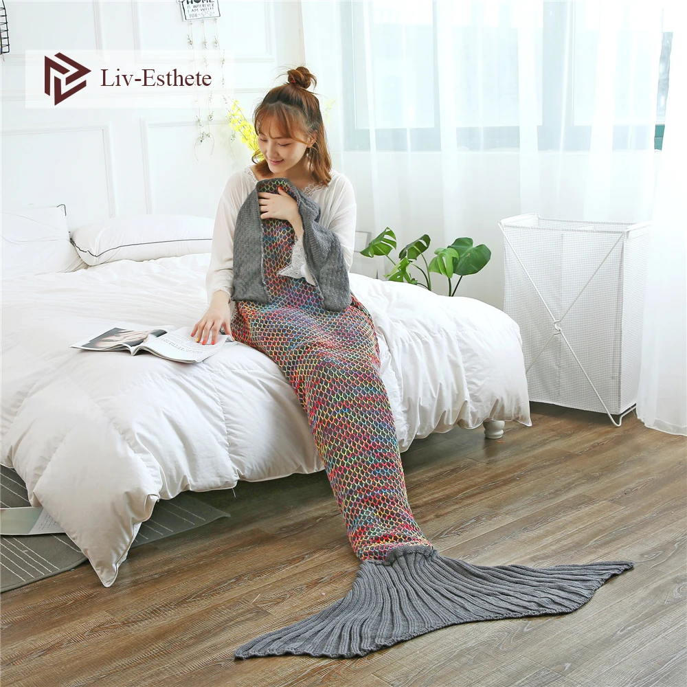 

Liv-Esthete Fashion Colorful Mermaid Throw Blanket Knitted Handmade Blanket Super Sofa Best Gift For Adult Kids Child Blanket