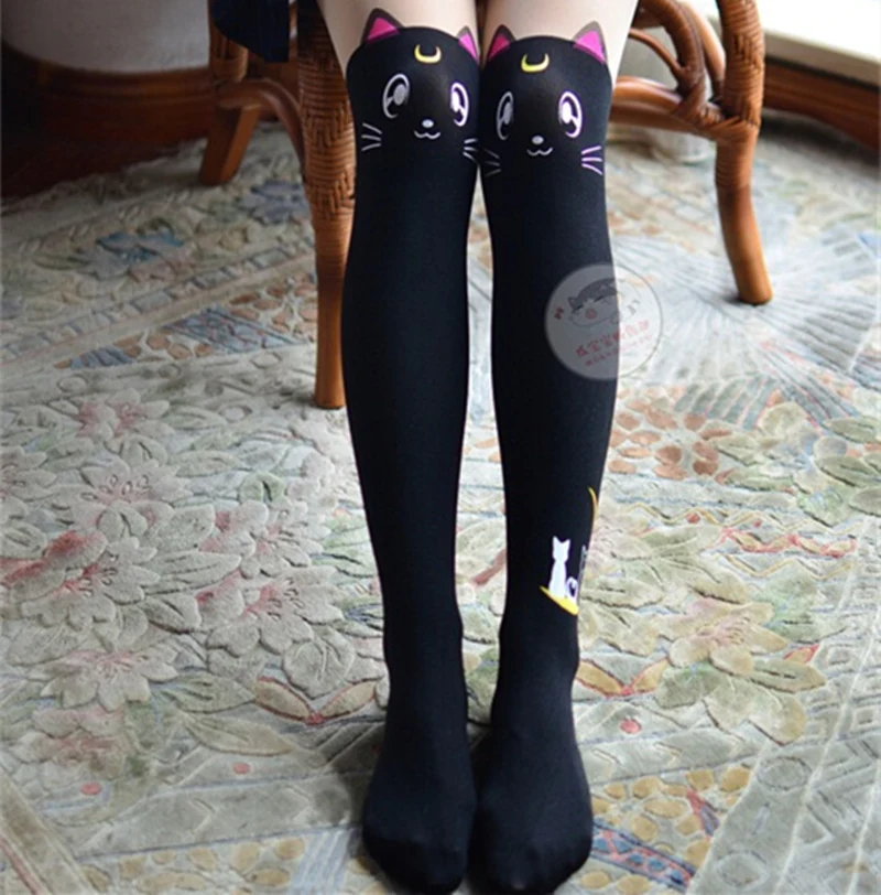 

Hot Anime Sailor Moon Cosplay Costume Women Luna Cat Socks Pantyhose Silk Tights Leggings Stockings Black And White