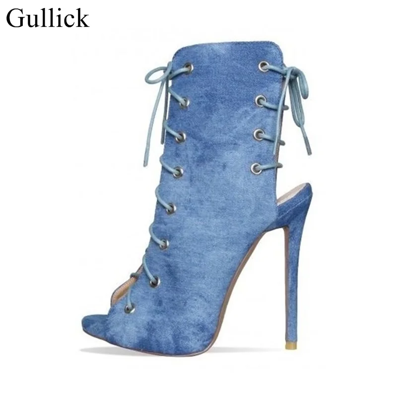 

Gullick Light Blue Denim Ankle Booties Peep Toe Stiletto Heel Lace Up Jeans Dress Pimps Trend Fashion Strappy Gladiator Boots