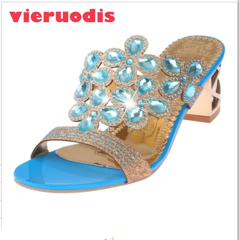 

Women Summer Fashion Rhinestone Slipper Sexy Hollow Out Chunky High Heels Sandals Crystal Party Shoes Woman Flip Flops