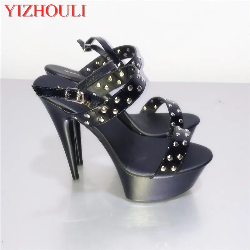 

Dazzle beautiful fashion sexy double-row rivets ultra-high black sandals during stage with 15 cm temptation