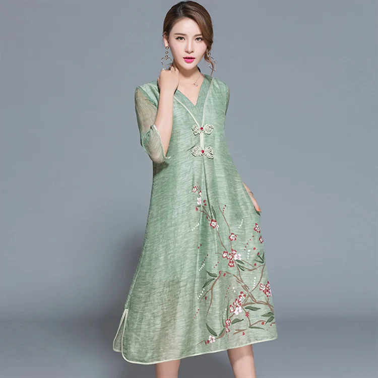 Женское платье в этническом китайском стиле с v-образным вырезом, пуговицами и цветочным принтом, высокое качество, шелковое льняное платье с разрезом по бокам и карманами, Vestidos размера плюс