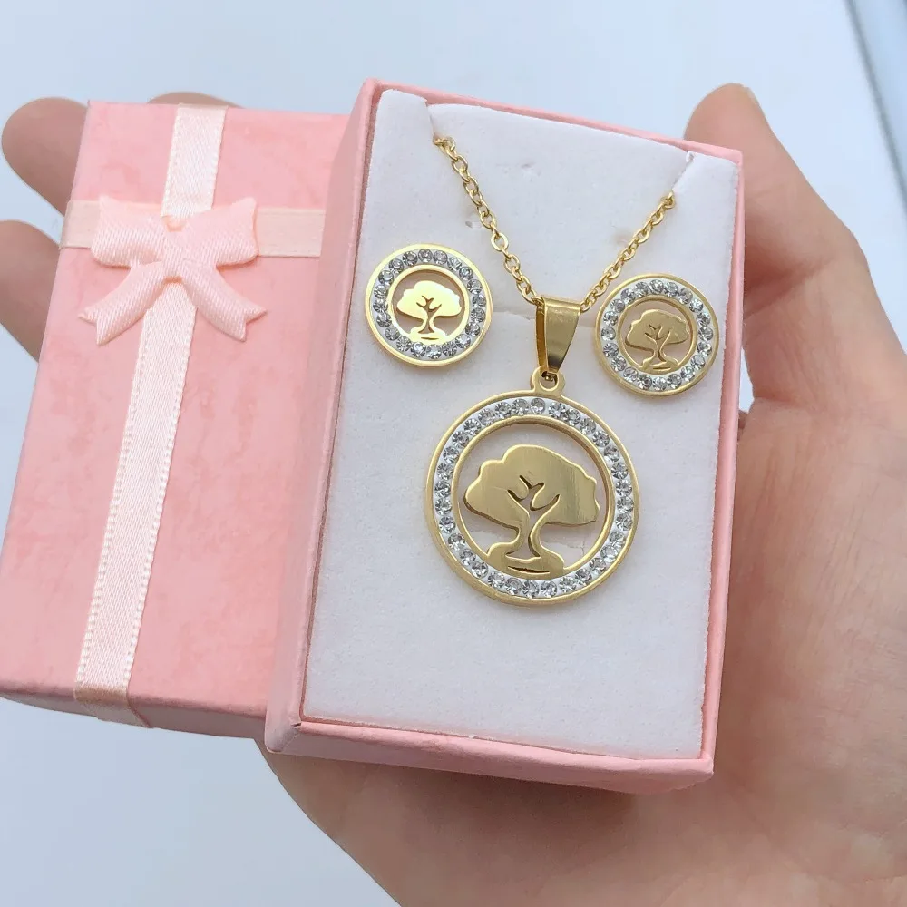 

Hot Tree of Life Crystal Round Pendant Necklace With Earrings Gold Color Stainless Steel Jewelry Sets Women Gifts Dropshipping