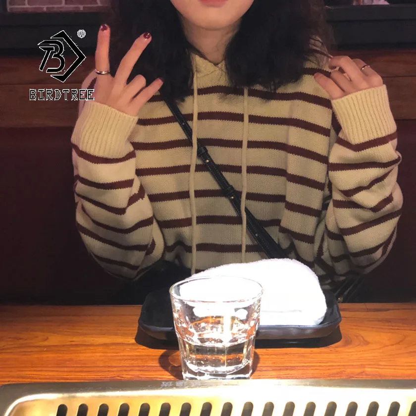 

2019 Autumn New Women’s Pullovers Sweater Striped Hooded Full Sleeve Drawstring Design Korean Fashion Style Hot Sale T97301D