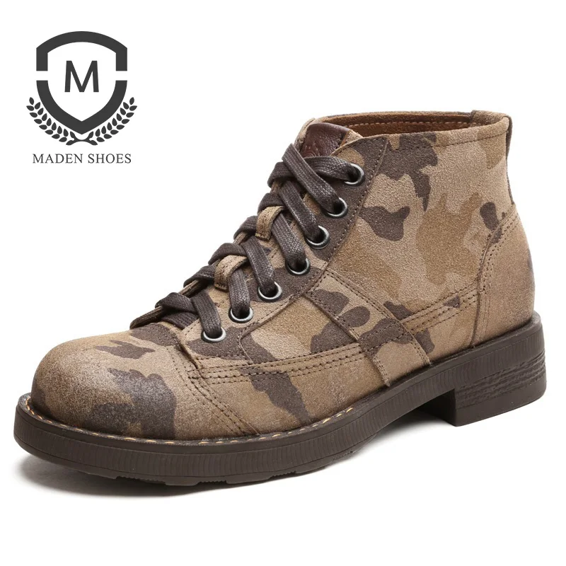 

Maden Cow Suede Split Leather Men Boots Martin Ankle Shoes High-top Height Increasing England Korean Casual Black Camouflage