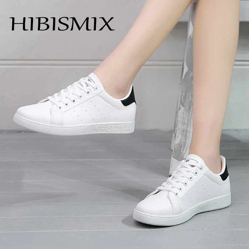 

HIBISMIX Women White Sneakers 2019 Student Lace Up Casual Flat Shoes Women Shoes 2144
