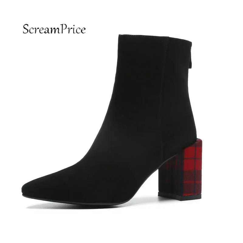 

Female Suede Thick High Heel Ankle Boots Fashion Side Zipper Boots Women Pointed Toe Fall Winter Shoes Black