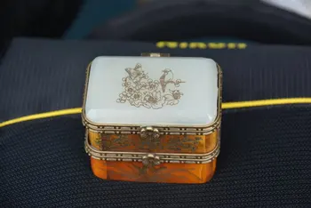 

Rare old QingDyansty Bone&jade Jewelry box,Flowers&birds,carving,free shipping