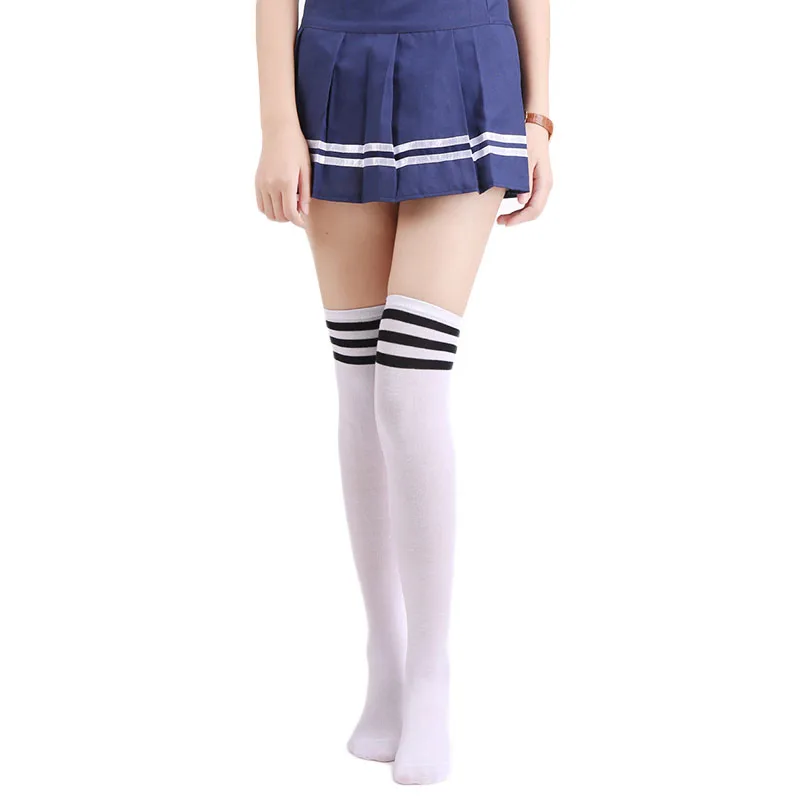 KHKF 2018 High Sexy Cotton Socks Women's Striped Over Knee Girl Lady Black White 3 line Striped Casual Cosplay Cute Style Socks