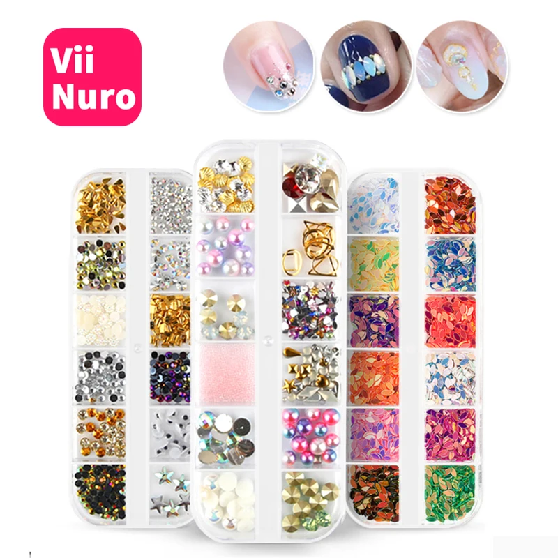 ViiNuro Mix украшения для дизайна ногтей, стразы для маникюра, маленькие 3D жемчужины для ногтей со стеклянным блеском