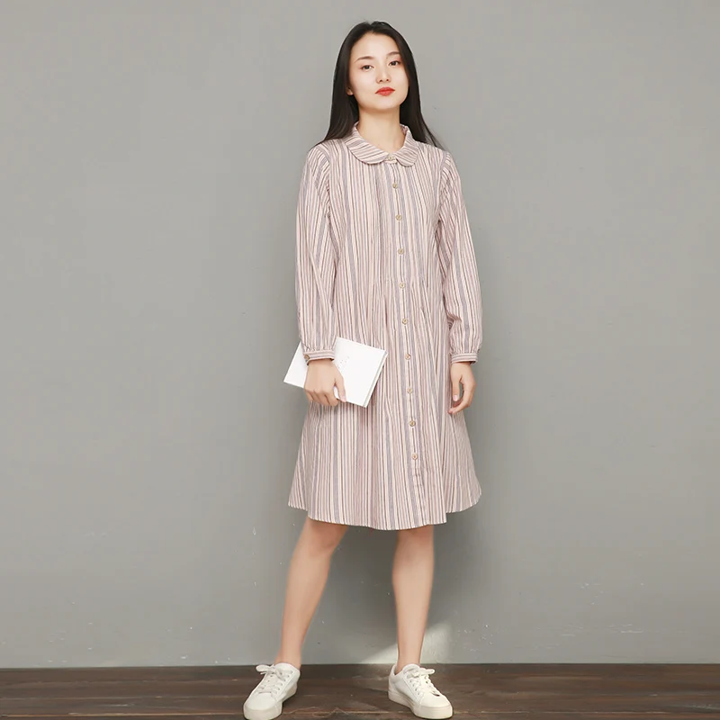 

Johnature Women Striped Dress Bandage Long Sleeve Button Casual Spring Women Cloths 2019 Korean Style Cotton High Waist Dress