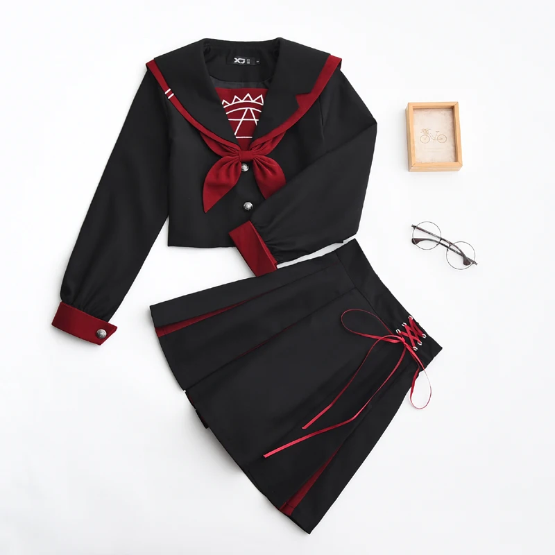 

Black jk uniform Sailor Suit COS School Wear Women School Uniform Soft Punk Lolita Darkness Devil Halloween Fashion costumes