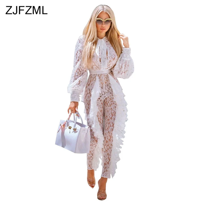 

ZJFZML Sheer White Lace Party Club Overalls For Women Long Sleeve Ruffles Bodycon Jumpsuit Elegant Christmas See Through Rompers