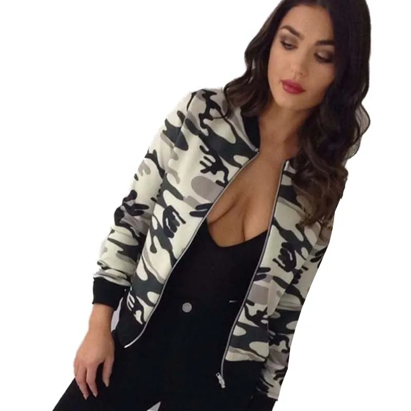 

Fashion Women's Casual Basic Jacket Coat Printed Long Sleeve Camouflage Color Short Coat Female Outwear Stand Collar Tops KS086
