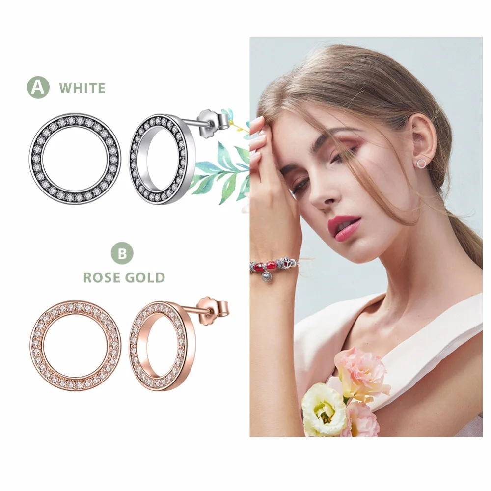 BAMOER Forever Clear CZ 925 Sterling Silver Circle Round Stud Earrings with CZ Jewelry GIFT Oorbellen Bijoux PAS437