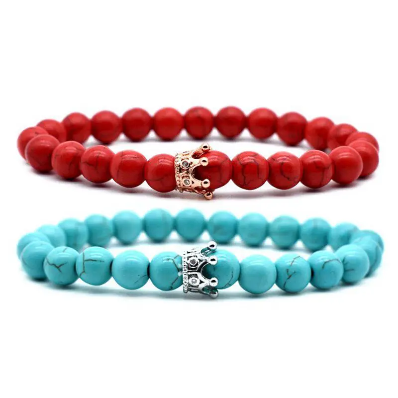 

1/2pc His And Hers Jewelry 8mm Stone Beads Bracelets & Bangles King Queen Couple Bracelet for Lovers Crown Bracelet Wholesale