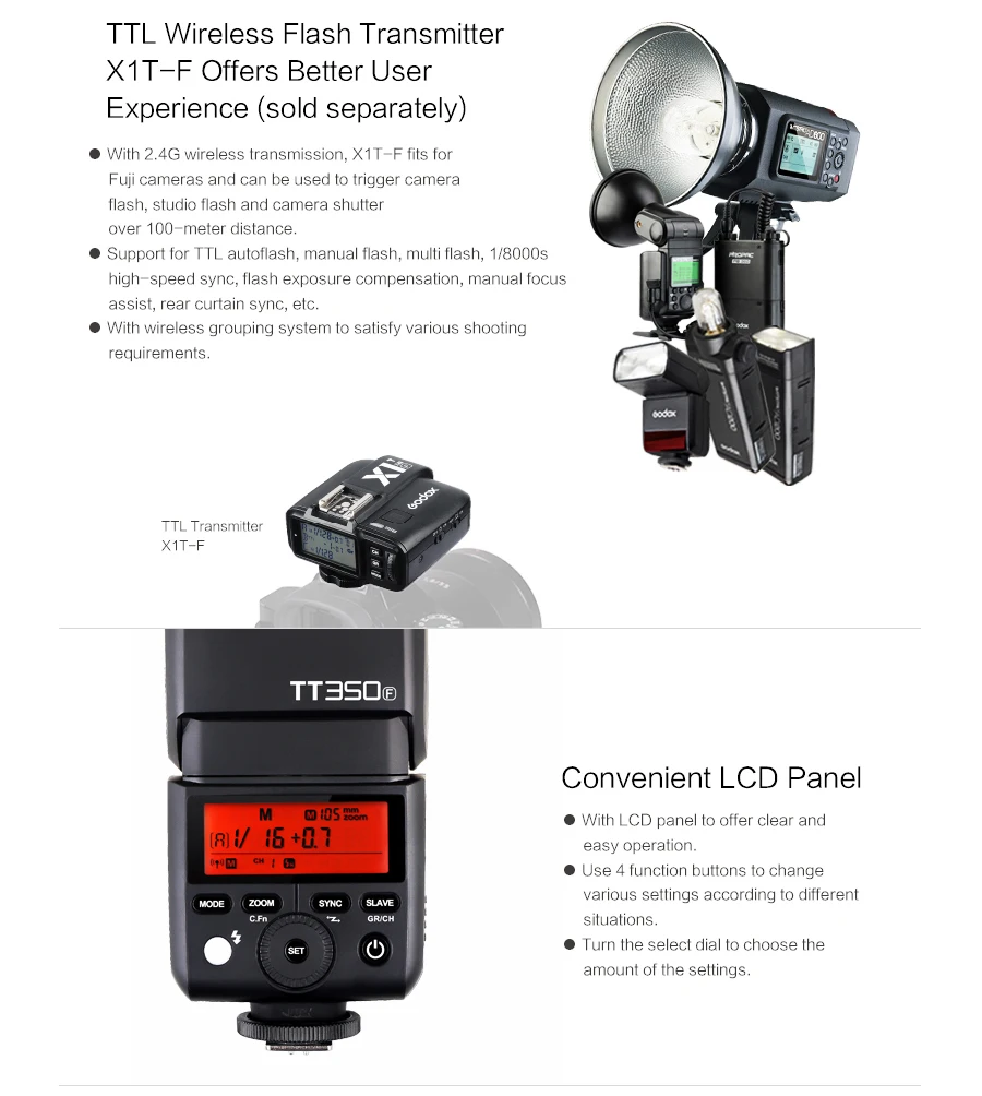 Godox TT350F 2,4G HSS ttl GN36 Вспышка Speedlite+ X1T-F триггер передатчик Комплект для Fuji X-Pro2/X-T20/X-T1/X-T2