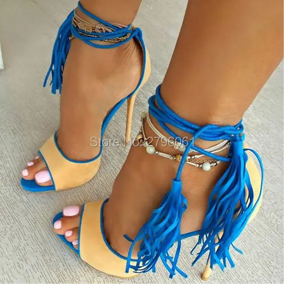 2017 Plus Size Design Lady High Heels Sandal Sexy tassel Gladiator Women Sandals Lace-up peep toe Summer Party Dress shoes