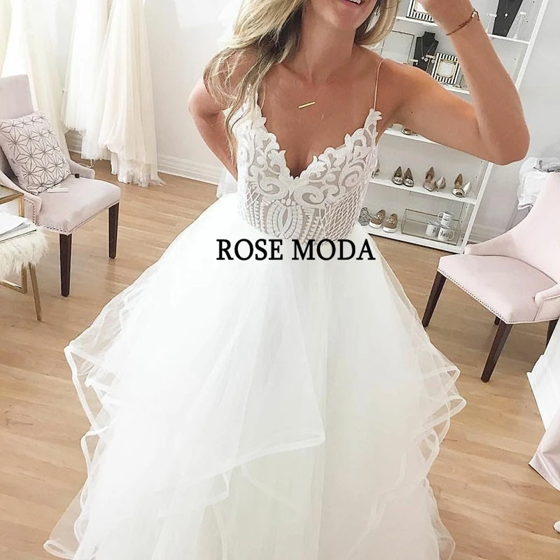 Роза Мода V шеи принцесса Тюль Свадебные платья тонкие ремни пышное свадебное платье с кружевом на заказ