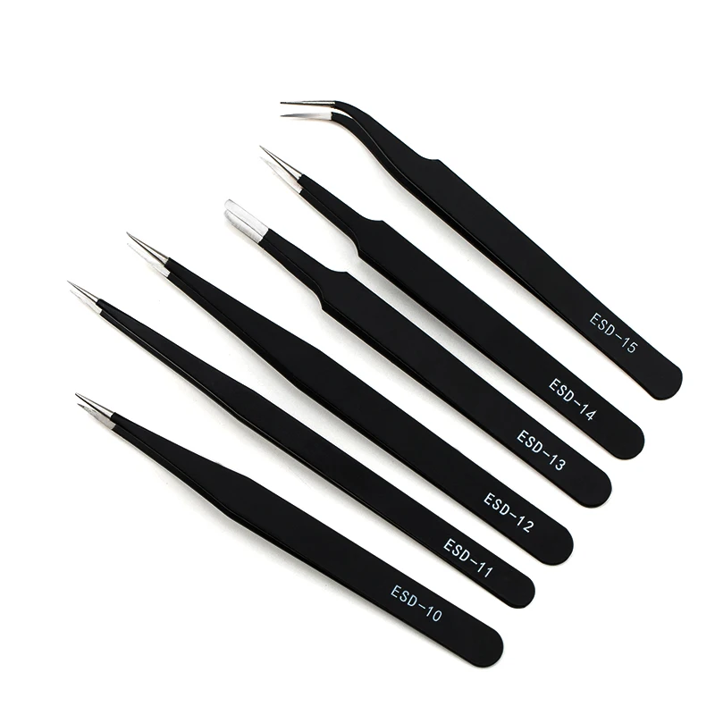 

High quality 6piece/set Black Anti-static Curved Straight Tip Forceps Precision Soldering Tweezers Set Sewing Tool QIAO