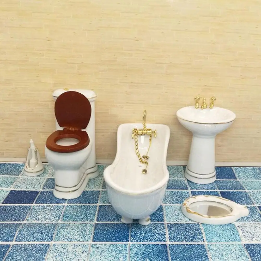 Doll Accessories 5PCS Doll House Accessory Mini Bathroom Set Bathroom Model For Doll House Toys For Girl Bathtub toilet model