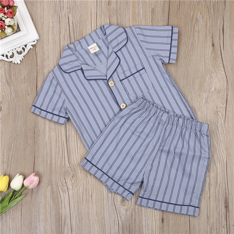 Пижамный комплект в полоску из хлопка для малышей; детские пижамы для маленьких мальчиков; летняя одежда для сна для мальчиков; рубашка+ шорты; ночная рубашка; домашняя одежда; пляжный костюм