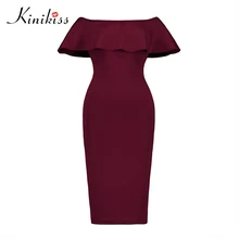 Kinikiss женские весна Bodycon платье рюшами с плеча спинки платье сексуальное Женщины без рукавов Club Синий Bodycon платье